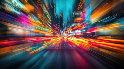 A high-speed abstract motion blur of colorful city lights at night
