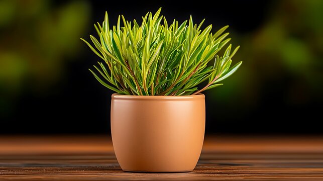 Lush green plant in a terracotta pot placed on a wooden table against a blurred background