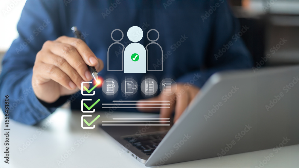 Poster businessman reviewing checklist and selecting a candidate using digital interface, representing hr m