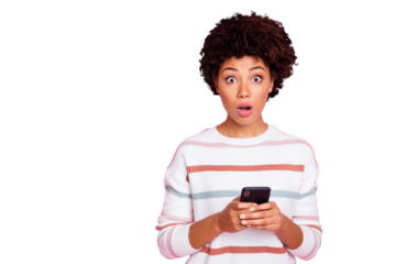 Photo of pretty dark skin lady holding telephone open mouth after reading shocking feedback wear striped pullover isolated pastel pink color background