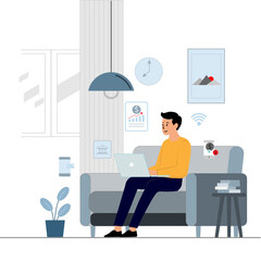 Man working remotely analyzing financial data from laptop at home with monimal icon background,Modern business vector flat design