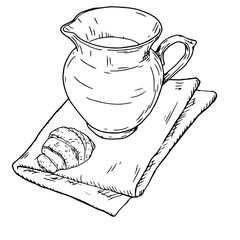Ceramic jug for water or milk and folded towel, sketch in black and white ink. Vector illustration. Milk in bowl and bun, rustic breakfast, isolated on white background. Topic: cuisine, cooking, cafes
