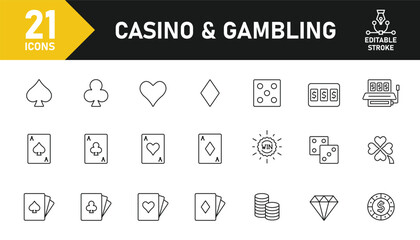Casino and Gambling line icon set. Set of 21 outline icons related to playing card, slot machine, dice, roulette, jackpot, dealer, clover, chip and others. Editable stroke. Vector illustration.