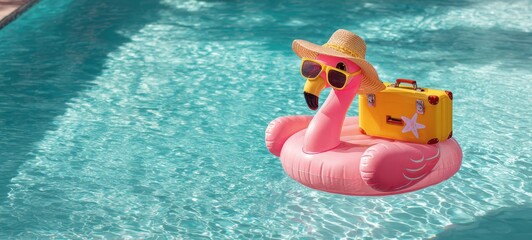 The inflatable flamingo floaty lounging in a sparkling pool.