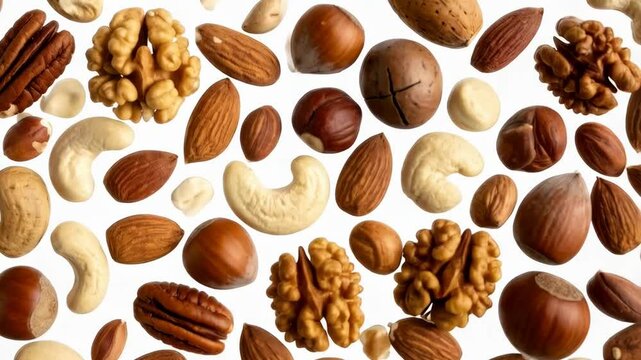 Variety of mixed nuts scattered evenly across a bright white background for healthy snacking