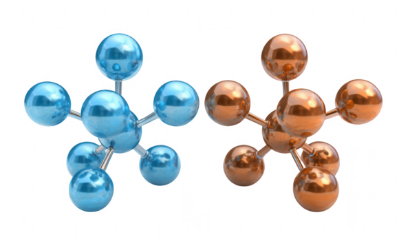 brown and blue-colored molecules isolated on a white background, png, transparent