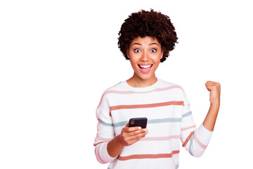 Photo of stylish cheerful cute nice sweet rejoicing excited crazy girl having received positive...