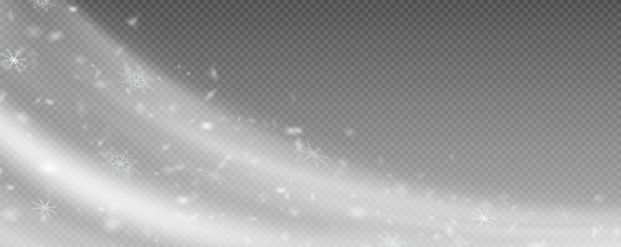 Winter background with falling snowflakes isolated on transparent background, vector png. Snowfall, blizzard, snow storm, snow hurricane. Snowflakes.	
