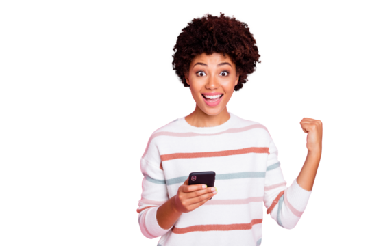 Photo of stylish cheerful cute nice sweet rejoicing excited crazy girl having received positive message expressing ecstatic emotions with her face isolated over pink pastel color background