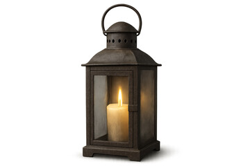 Vintage rusty metal lantern glowing with burning candle, casting warm light against transparent background