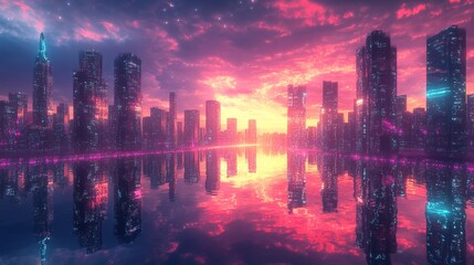 A futuristic chrome city reflecting rainbow iridescent lights 