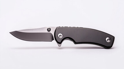  sleek, modern folding knife with a black handle and a partially serrated stainless steel blade, displayed against a plain white background.