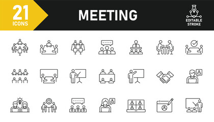 Meeting line icon set. Set of 21 outline icons related to business meeting, seminar, presentation, discussion, conference, collaboration and others. Editable stroke. Vector illustration.