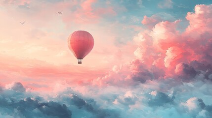 A dreamy hot air balloon floating through a pastel blue and pink sky