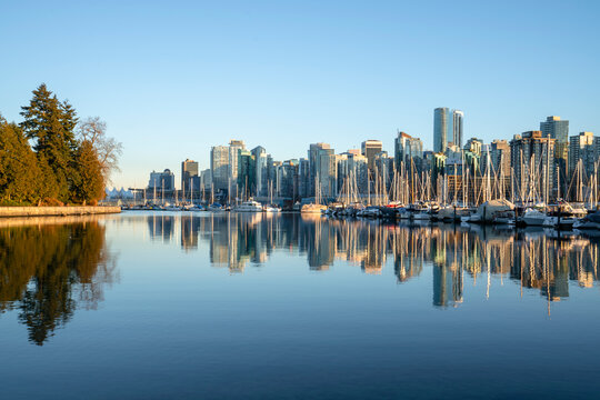 Fototapeta Vancouver skyline reflecting on calm harbor waters