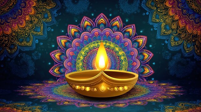 Happy Diwali vector illustration featuring a vibrant design template with a decorative lamp, golden lights, and a colorful mandala background, perfect for celebrating the festival of lights
