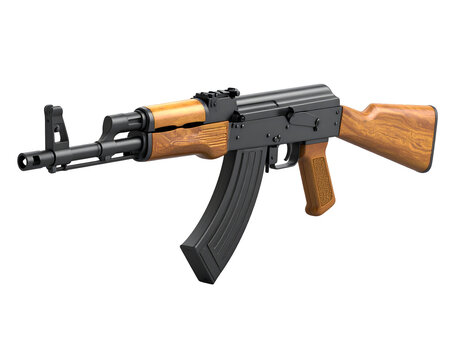 The legendary AK-47 style firearm, showcasing its durable construction and traditional wooden elements.