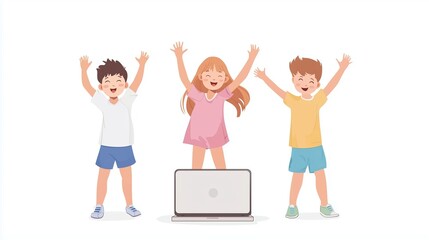 Fototapeta premium Kids celebrating joyfully in front of a laptop during an engaging online activity or event at home