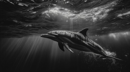 Fototapeta premium Delfín mular bajo rayos de sol, fotografía submarina en blanco y negro en mar abierto, Silueta de delfín iluminado desde la superficie