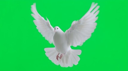 Paloma blanca en vuelo con alas extendidas sobre fondo verde chroma key, espíritu santo, Ave símbolo de paz flotando frontalmente, paloma blanca aislada en fondo verde