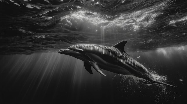 Delf&iacute;n mular bajo rayos de sol, fotograf&iacute;a submarina en blanco y negro en mar abierto, Silueta de delf&iacute;n iluminado desde la superficie