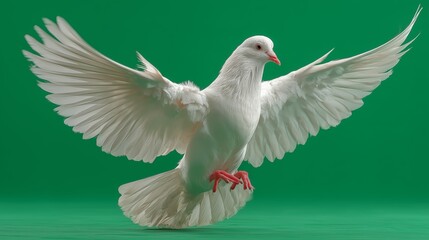 Paloma blanca en vuelo con alas extendidas sobre fondo verde chroma key, espíritu santo, Ave símbolo de paz flotando frontalmente, paloma blanca aislada en fondo verde