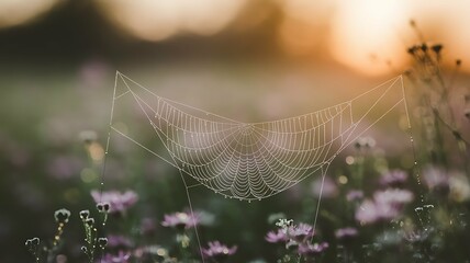 Dew-covered spiderweb hangs delicately amidst a field of wildflowers at sunrise.