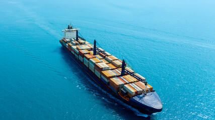 Aerial view of the freight shipping transport system cargo ship container. international...
