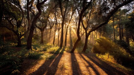 Naklejka premium Golden sunlight streaming through a forest canopy, casting long shadows and creating dramatic light rays on the forest floor ideal for motivational or spiritual content