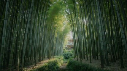 A tranquil pathway through a dense bamboo forest, bathed in sunlight.