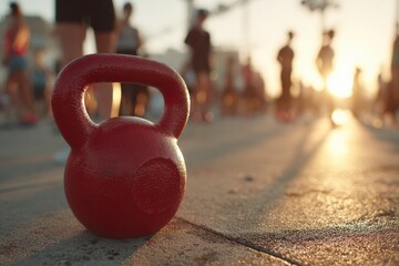 Red kettlebell lying on the ground during an outdoor fitness class at sunset, promoting healthy lifestyle and urban workout