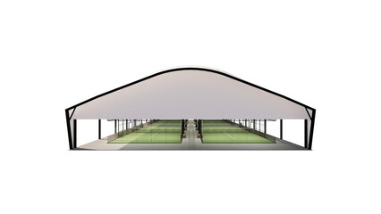 back view of Green padel court with shaded sports building structure on a transparent background