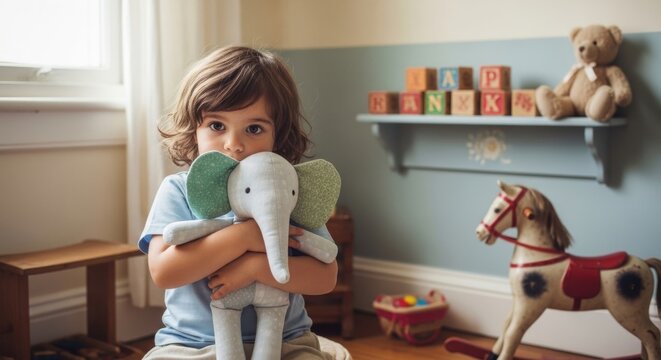 Young caucasian child holding elephant plush in cozy playroom with toys