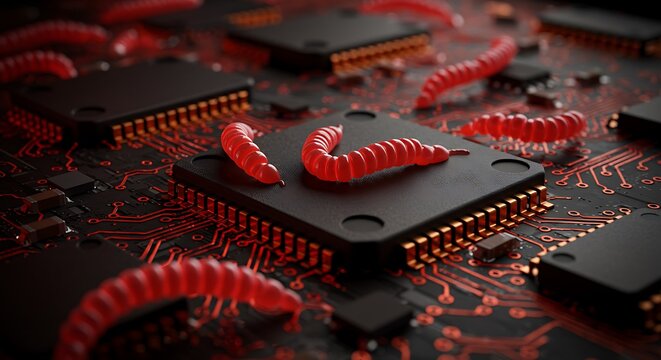 Computer Worms Infecting a Circuit Board and Microchips. (AI Generated)