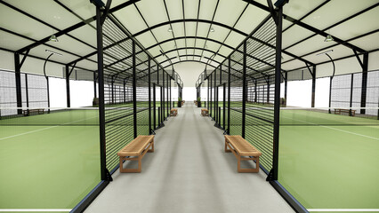 Green padel court with shaded sports building with metal  structure and bench on a transparent background