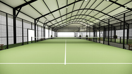 Back view of empty Green padel court with sports building structure, transparent background