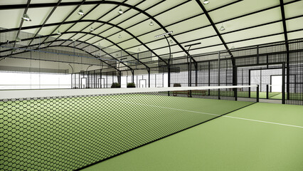 Net at Green padel court with shaded sports building structure on a transparent background