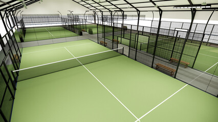 Aerial view Shaded sports building structure with green padel courts on a transparent background