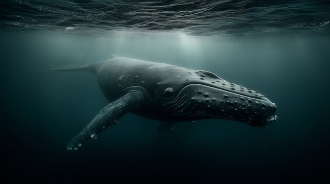 Ballena jorobada bajo rayos de sol en aguas profundas, fotograf&iacute;a submarina de vida marina, Encuentro submarino con ballena jorobada iluminada por haces de luz oce&aacute;nica