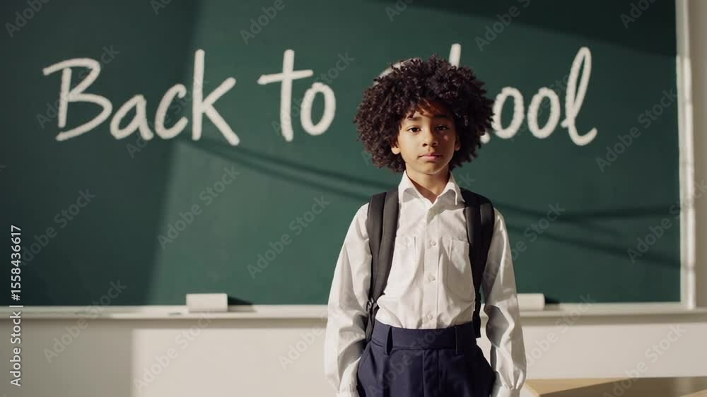 Aufkleber confident pupil wearing uniform and backpack stands in an empty classroom in front of a chalkboard w