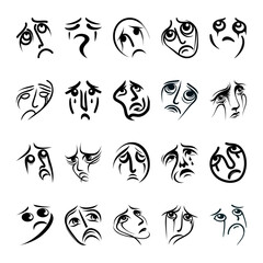 Collection of stylized sad faces with tears in black and white line art illustration.