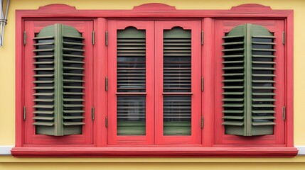 Obraz premium Red Window with Green Shutters, Vintage Style