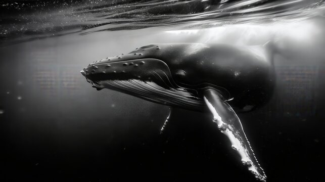 Ballena jorobada nadando bajo el agua en blanco y negro, Primer plano de cet&aacute;ceo gigante en el oc&eacute;ano profundo, retrato monocrom&aacute;tico de gran mam&iacute;fero marino bajo la superficie, ballena con rayos de l