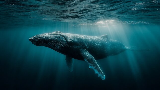 Ballena jorobada bajo rayos de sol en aguas profundas, fotograf&iacute;a submarina de vida marina, Encuentro submarino con ballena jorobada iluminada por haces de luz oce&aacute;nica