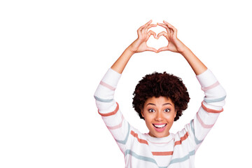 Photo of curly wavy cheerful excited ecstatic sweet pretty girlfriend showing you heart shape sign...