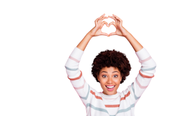 Photo of curly wavy cheerful excited ecstatic sweet pretty girlfriend showing you heart shape sign demonstrating love to sales discounted smiling toothily isolated over pink pastel color background