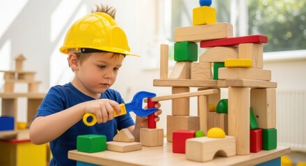 Young caucasian male child playing with building blocks and construction tools indoors