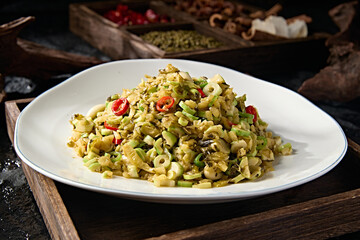 Homemade stir-fried rice pepper, pickled mustard greens and young bamboo shoots