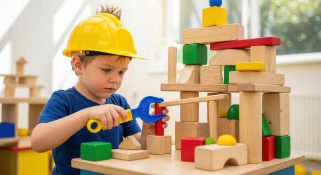 Young caucasian male child playing with building blocks and construction tools indoors