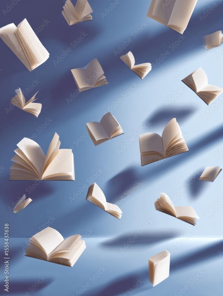 Aufkleber Library Background With Floating Open Books Creating a Serene and Imaginative Atmosphere in a Quiet Reading Space